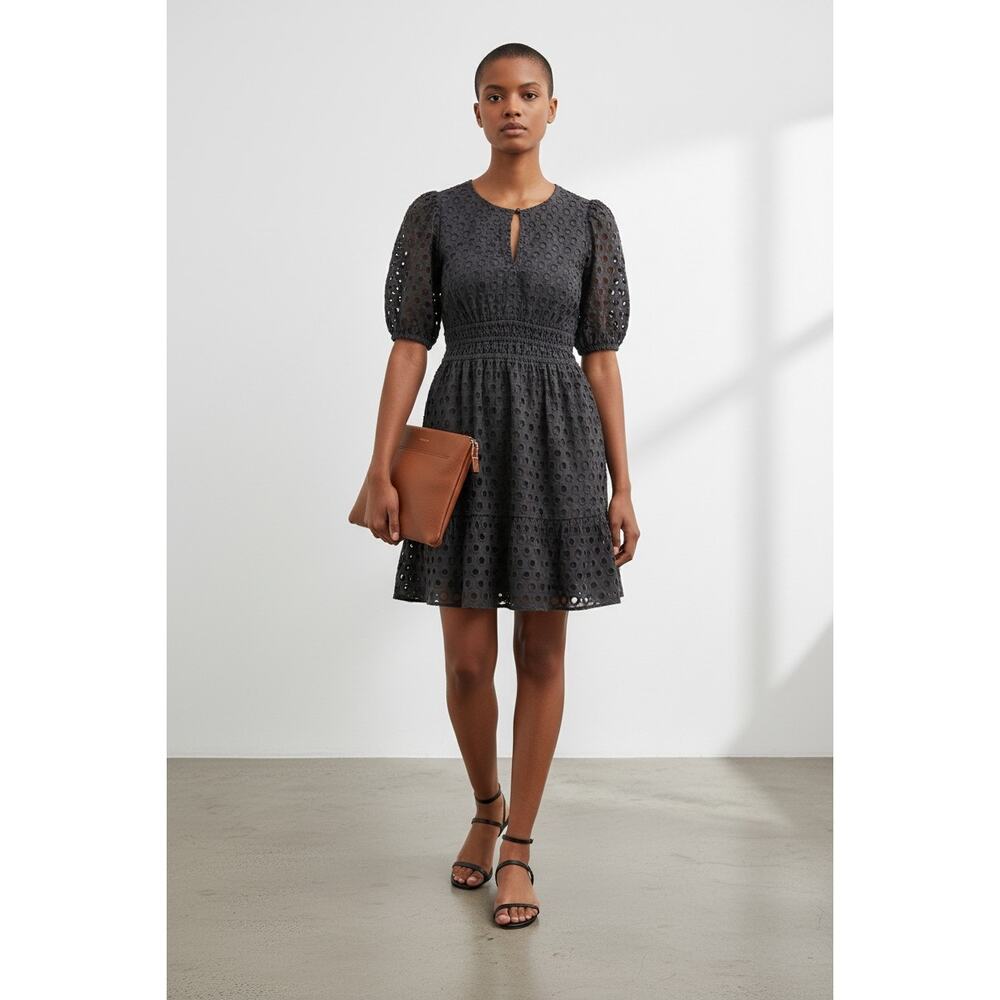 Quince Organic Cotton Eyelet Mini Tiered Dress Black Sz S NWT